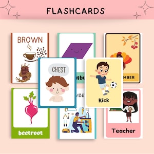 May include: A set of educational flashcards featuring illustrations and words. Cards display "BROWN" with a coffee cup, "CHEST" with a child, "Kick" with a footballer, and "Teacher" with a woman holding a book.