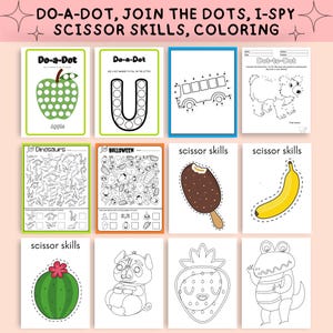 May include: A selection of children's activity sheets with educational games. The sheets include "Do-a-Dot," "Join the Dots," "I-Spy," "Scissor Skills," and colouring pages. The images include an apple, a bus, a bear, dinosaurs, Halloween-themed objects, and more.