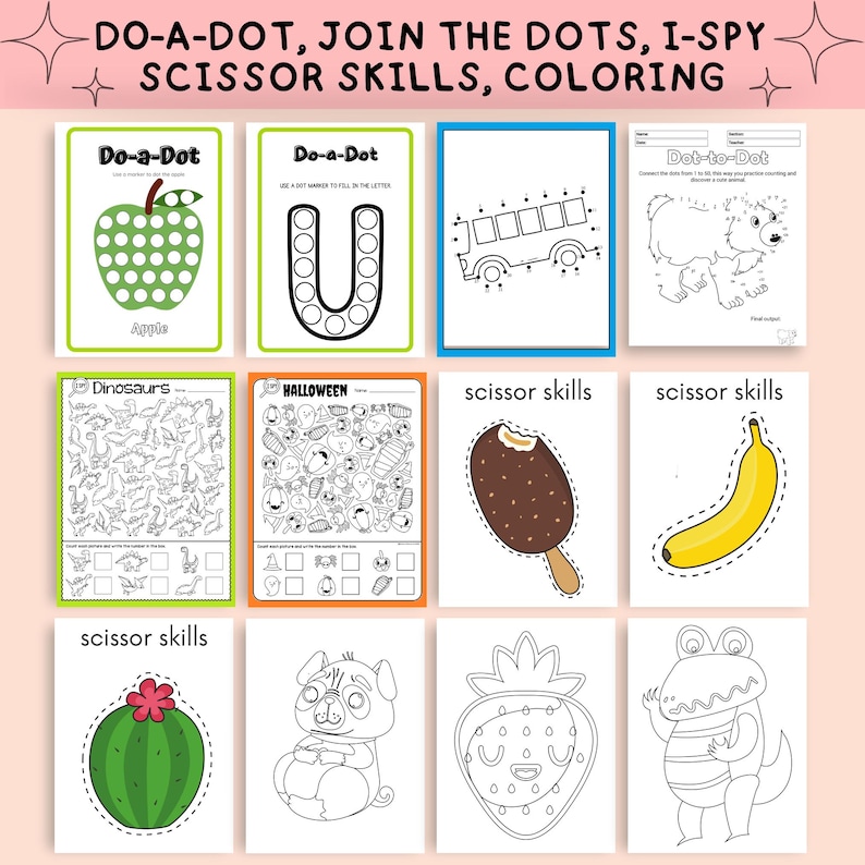 May include: A selection of children's activity sheets with educational games. The sheets include "Do-a-Dot," "Join the Dots," "I-Spy," "Scissor Skills," and colouring pages. The images include an apple, a bus, a bear, dinosaurs, Halloween-themed objects, and more.