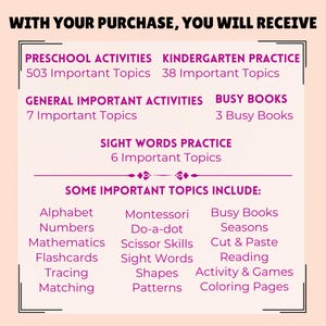 May include: A light peach-coloured graphic with text in a black font. The text includes "Preschool Activities," "Kindergarten Practice," "Sight Words Practice," and "Some Important Topics Include:" with a list of topics like Alphabet, Numbers, and Mathematics.