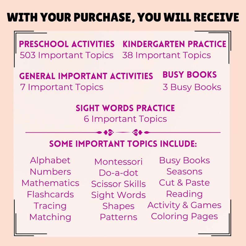 May include: A light peach-coloured graphic with text in a black font. The text includes "Preschool Activities," "Kindergarten Practice," "Sight Words Practice," and "Some Important Topics Include:" with a list of topics like Alphabet, Numbers, and Mathematics.