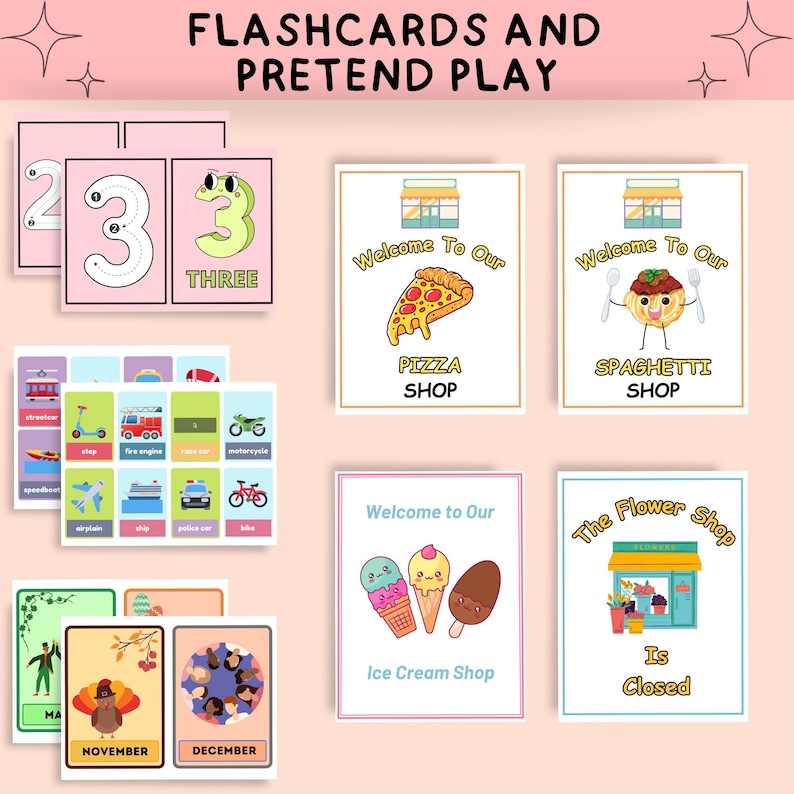 May include: A set of printable flashcards for pretend play. The flashcards feature images of a pizza shop, a spaghetti shop, an ice cream shop, a flower shop, and a number three. The flashcards are colorful and have a fun, cartoonish style.