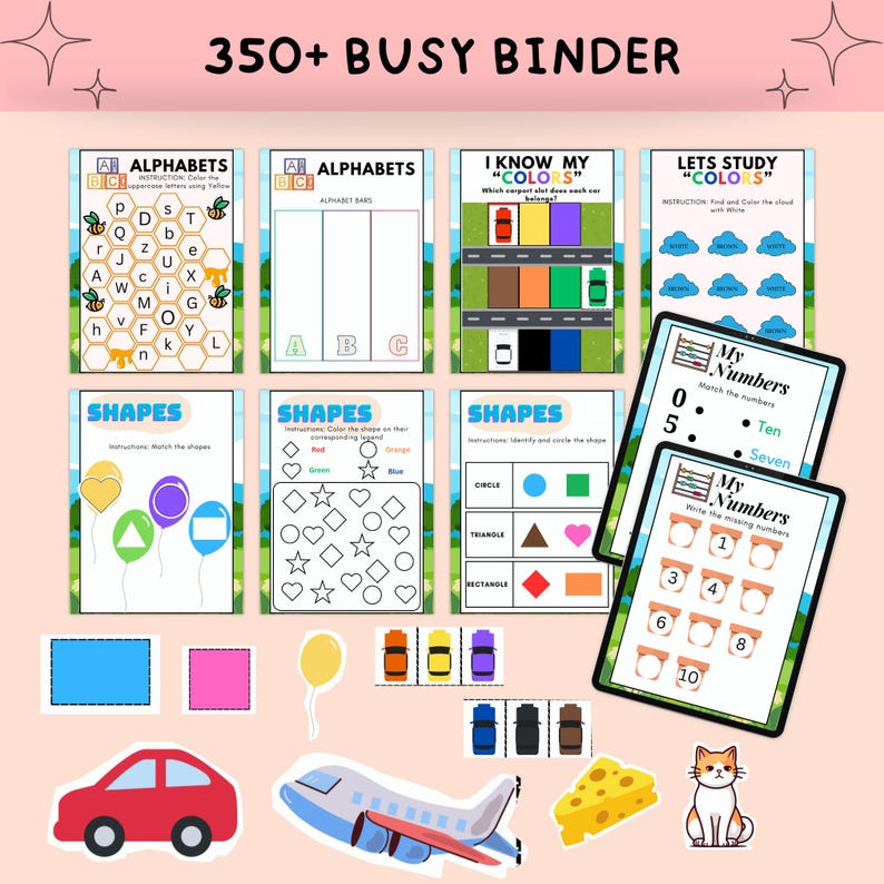 K&ouml;nnte beinhalten: Ein Satz druckbarer Arbeitsbl&auml;tter f&uuml;r Kinder mit Alphabet-, Formen-, Farben- und Zahlenaktivit&auml;ten. Die Arbeitsbl&auml;tter sind bunt und zeigen Illustrationen einer Biene, eines Autos, eines Flugzeugs, einer Katze und eines St&uuml;ck K&auml;ses.