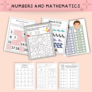 May include: Educational worksheets for children, covering maths exercises. The worksheets include topics like missing numbers, colour-by-number, matching, before and after, addition, counting, and subtraction. The title "NUMBERS AND MATHEMATICS" is at the top.