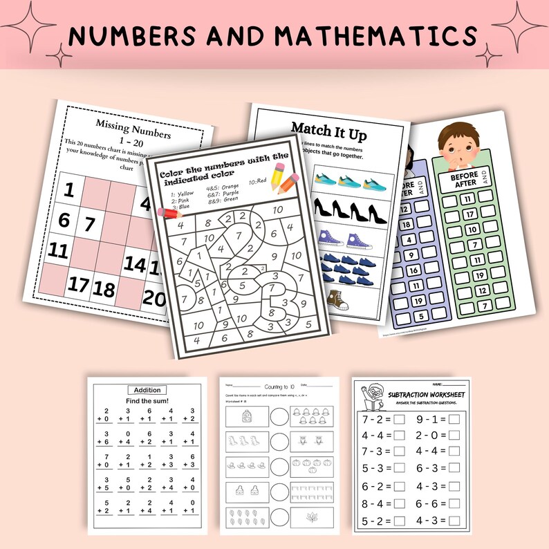 May include: Educational worksheets for children, covering maths exercises. The worksheets include topics like missing numbers, colour-by-number, matching, before and after, addition, counting, and subtraction. The title "NUMBERS AND MATHEMATICS" is at the top.