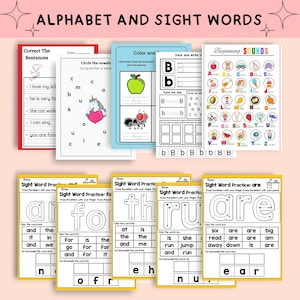 May include: A selection of colourful educational worksheets for children, focusing on alphabet and sight word practice. The worksheets include tracing, colouring, and sentence correction activities, with the title "ALPHABET AND SIGHT WORDS" at the top.