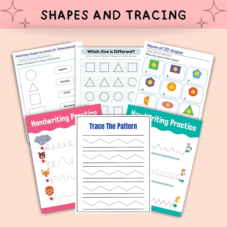 May include: A set of printable worksheets for kids to practice tracing shapes and letters. The worksheets feature colorful illustrations of animals and geometric shapes. The worksheets are titled "Shapes and Tracing", "Matching shapes to names", "Which One is Different?", "Name of 2D shapes", "Handwriting Practice", and "Trace The Pattern".