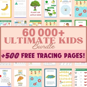 60 000+ Preschool Pre-K + Kindergarten Learning Bundle, Activity Worksheets, Alphabet, Numbers, Shapes, Colors, Coloring pages, Do a Dot