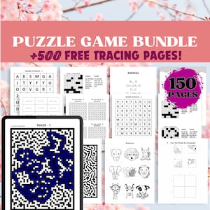 May include: A collection of 150 printable puzzle pages for kids. The pages include word searches, mazes, tic-tac-toe logic puzzles, and a word puzzle with the word "ANIMAL" at the top. The pages are black and white and have a simple design.