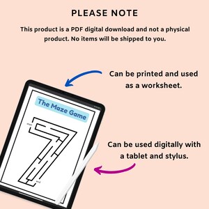 May include: A digital download of a printable maze game for kids. The maze is shaped like the number seven. The game can be printed and used as a worksheet or used digitally with a tablet and stylus.