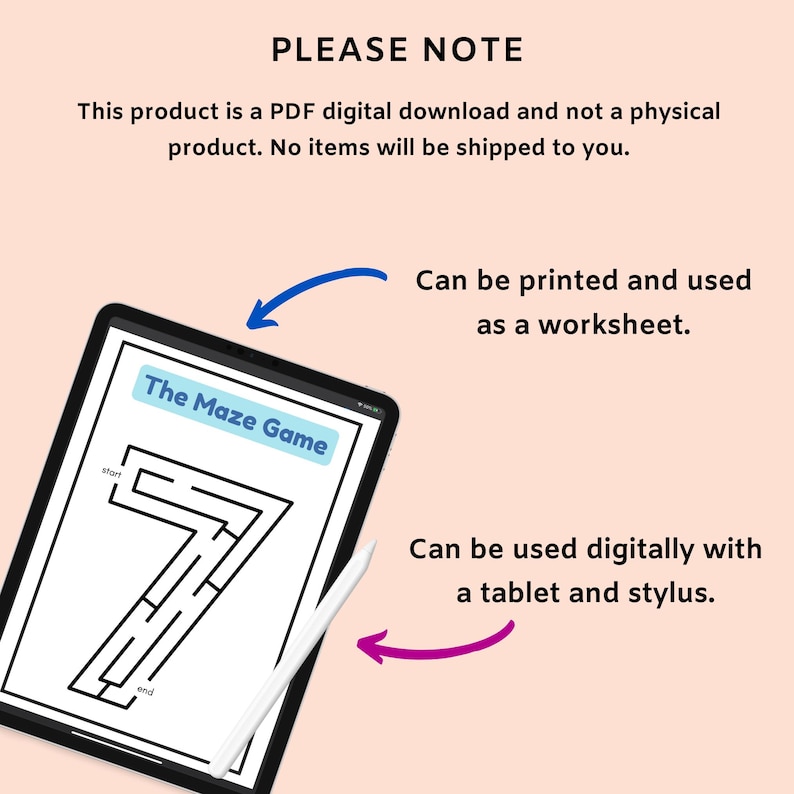 May include: A digital download of a printable maze game for kids. The maze is shaped like the number seven. The game can be printed and used as a worksheet or used digitally with a tablet and stylus.