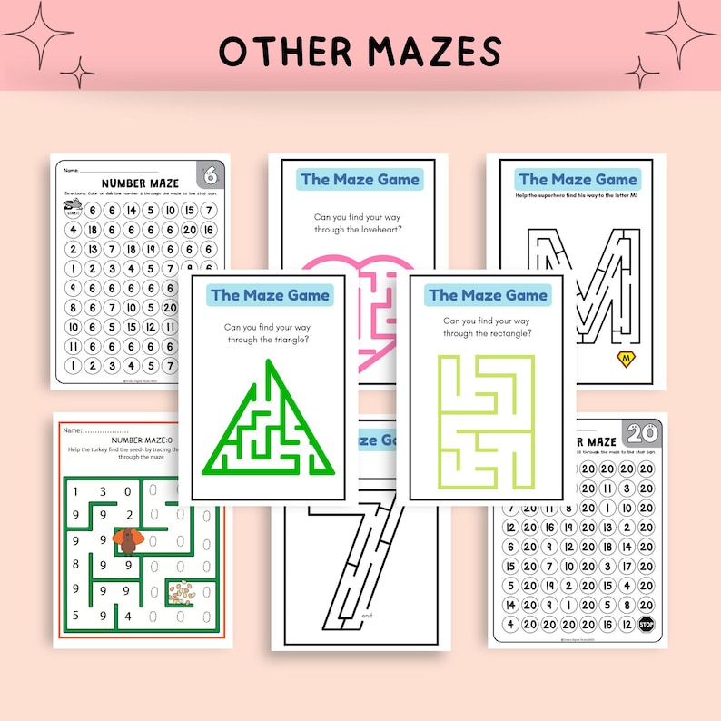 May include: A collection of printable maze worksheets for kids. The mazes feature different shapes, numbers, and a turkey. The title of the worksheets is "Other Mazes".