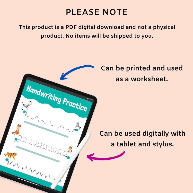 May include: A digital download of a handwriting practice worksheet featuring a blue, green, and white color scheme. The worksheet includes lines for tracing and animal illustrations. The text "Handwriting Practice" is displayed on the worksheet. The image shows a tablet with a stylus, indicating that the worksheet can be used digitally.