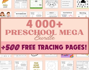 4000+ Preschool Pre-K + Kindergarten Learning Bundle, Activity Worksheets, Alphabet, Numbers, Shapes, Colors, Coloring pages, Do a Dot