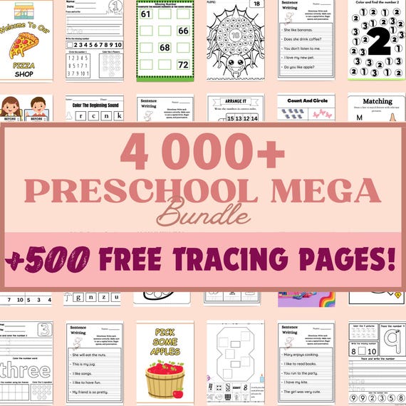 4000+ Preschool Pre-K + Kindergarten Learning Bundle, Activity Worksheets, Alphabet, Numbers, Shapes, Colors, Coloring pages, Do a Dot