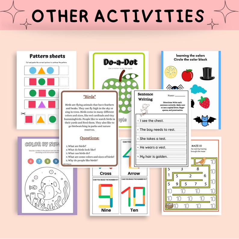 May include: A set of printable educational worksheets for kids featuring activities like pattern recognition, color by number, do-a-dot, sentence writing, and a maze. The worksheets include images of birds, apples, a penguin, a chest, a boy, a vest, and a mouse.