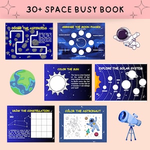 K&ouml;nnte beinhalten: Ein buntes, druckbares Malbuch zum Thema Weltraum f&uuml;r Kinder. Das Buch enth&auml;lt Aktivit&auml;ten wie das Ausweichen vor Asteroiden, das Anordnen von Mondphasen, das Ausmalen der Sonne, das Erkunden des Sonnensystems, das Zeichnen von Sternbildern und das Ausmalen eines Astronauten.