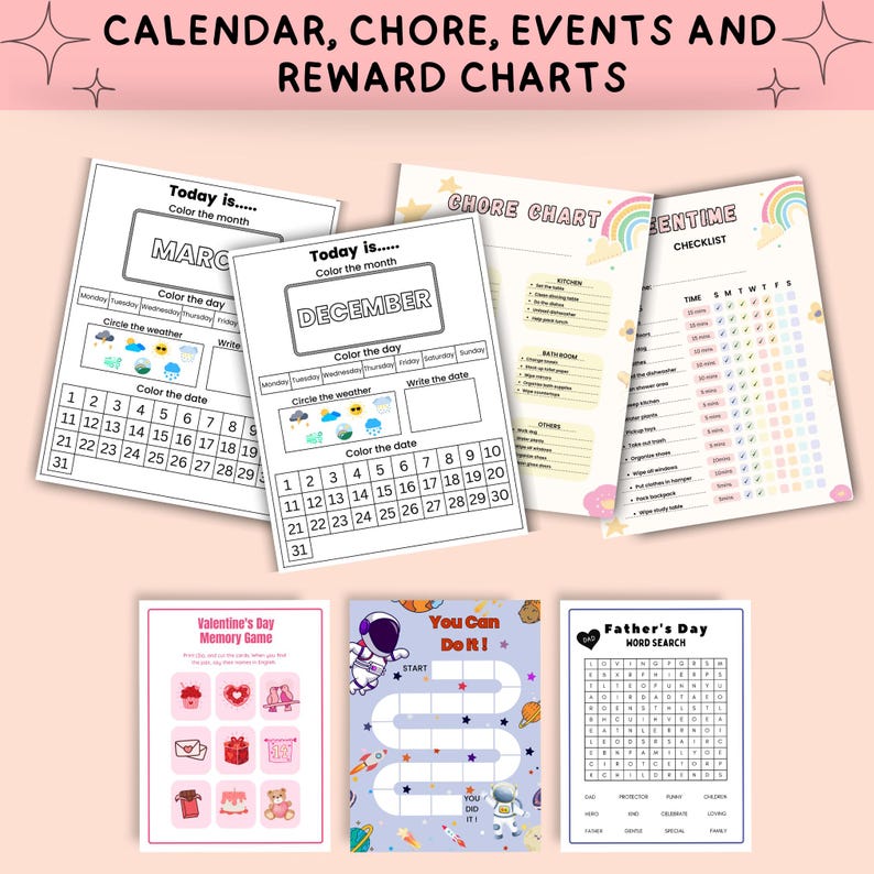 May include: A set of printable charts for kids, including a calendar, chore chart, and reward charts. The charts feature colorful designs and fun themes, such as a space theme and a Valentine's Day theme. The charts are perfect for helping kids learn about time, responsibility, and rewards.