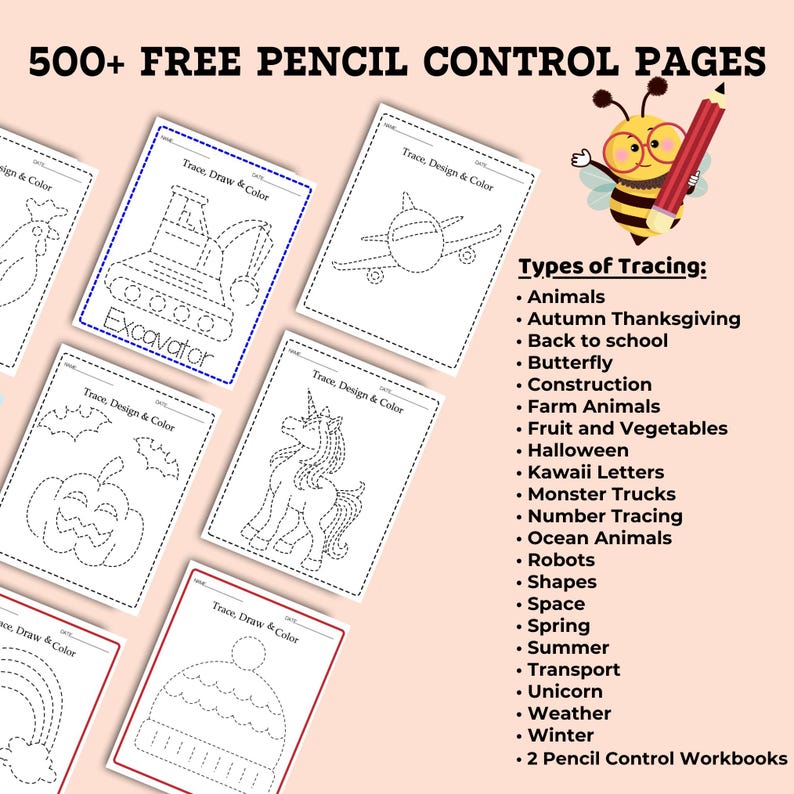 May include: A collection of printable tracing pages for kids featuring various themes like animals, vehicles, and holidays. The pages are designed to help children develop their fine motor skills and hand-eye coordination. The text on the page reads "500+ FREE PENCIL CONTROL PAGES" and "Types of Tracing:".