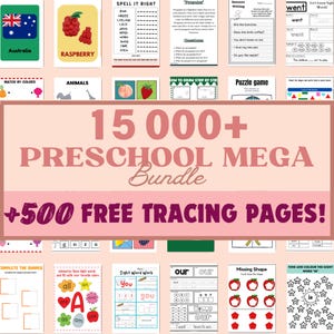 Puede incluir: Un collage de imágenes coloridas que presentan actividades de aprendizaje preescolar. El texto "15,000+ Preschool Mega Bundle +500 Free Tracing Pages!" se muestra en letras grandes de color rosa.