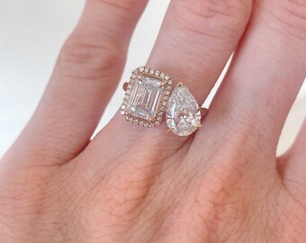 3 ct VS1 G Lab Diamond Toi et Moi Ring Emerald & Pear Pave Halo 14k Yellow Gold Engagement Wedding Unique One of A Kind! *IGI Certified*