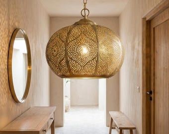 Handmade Moroccan Brass Pendant Light, Hanging Lamp, Rustic Boho Home Decor Lighting