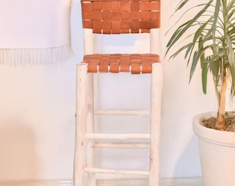 Handmade Moroccan Leather Bar Stool: Rustic Wooden Counter Chair
