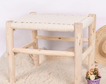 Handmade Moroccan Wood Bench: Boho Woven Entryway Decor