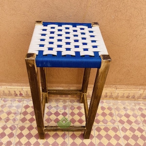 Handmade Moroccan Bar Stool with Backrest: Laurel Wood & Woven Rope