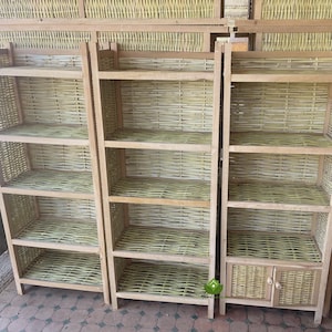 Wooden Bookshelf with Wicker Shelves: Rustic Storage Cabinet