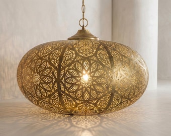 Moroccan Brass Pendant Light | Gold Sphere Chandelier | Boho Shadow Casting Lamp