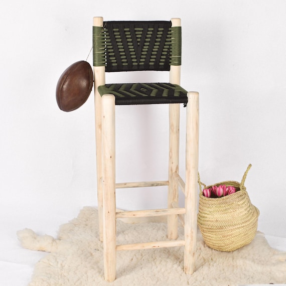 Handmade Moroccan Laurel Wood Bar Stool With Backrest