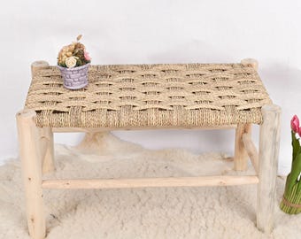 Handcrafted Moroccan Bench: Solid Wood & Natural Palm Leaf Cord