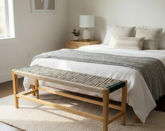 Moroccan Wood Bench, Woven Rope Charpoy Bench, Boho Entryway Seating