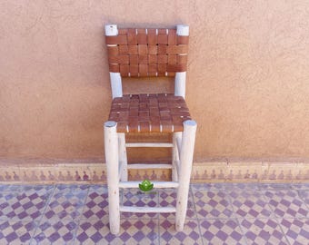Handmade Moroccan Bar Stool with Backrest: Wood & Leather Counter Stool