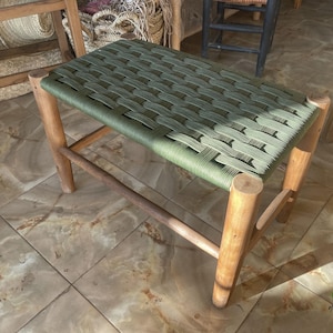 Entryway bench, boho bench, Natural stool, Moroccan bench with palm leaf cord, bench in solid wood and natural weaving