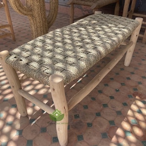 Boho bench, Natural stool, Entryway bench, Moroccan bench with palm leaf cord, bench in solid wood and natural weaving