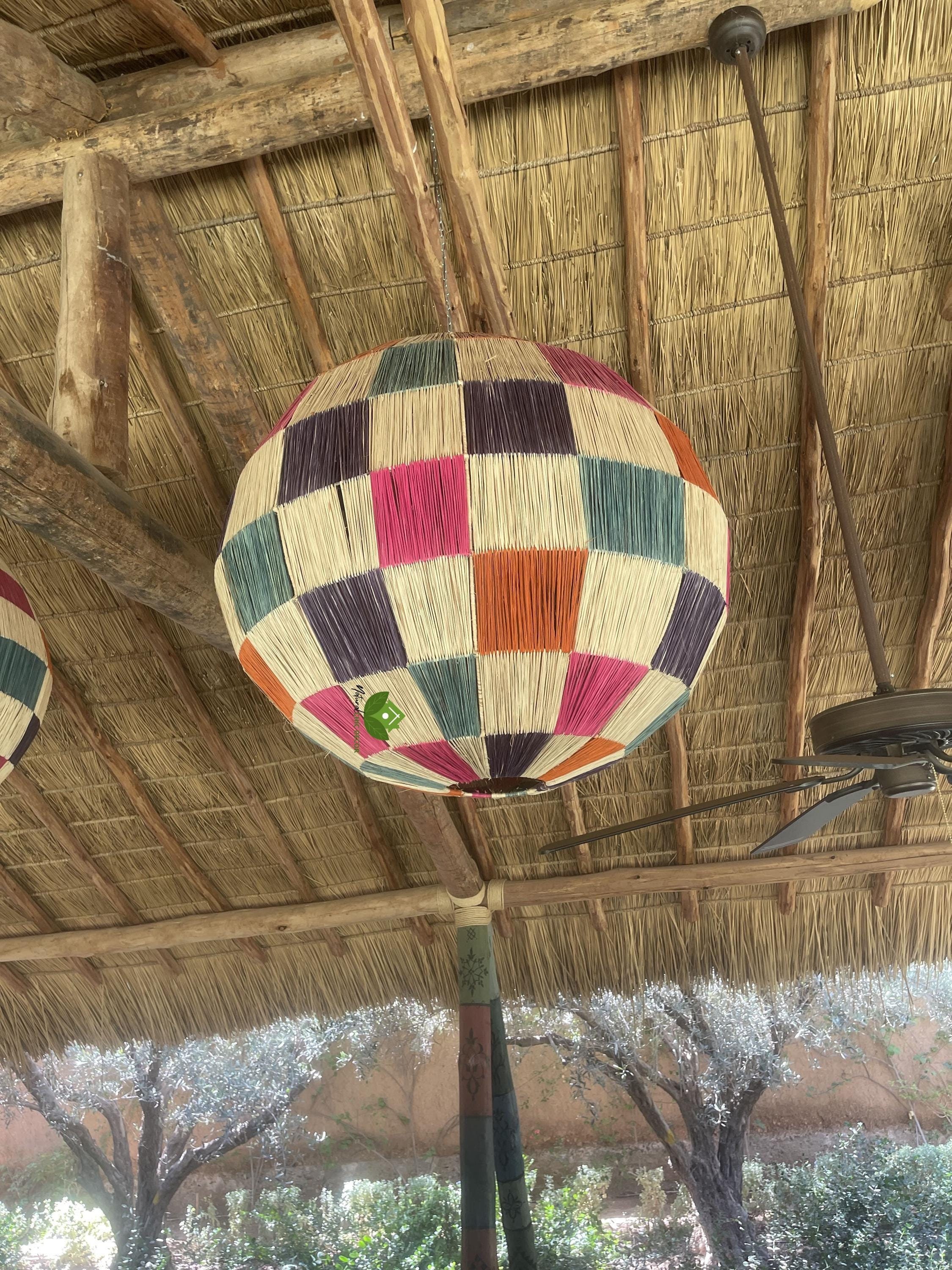 Handmade Raffia Lampshade: Bohemian Hanging Light, Natural Home Decor