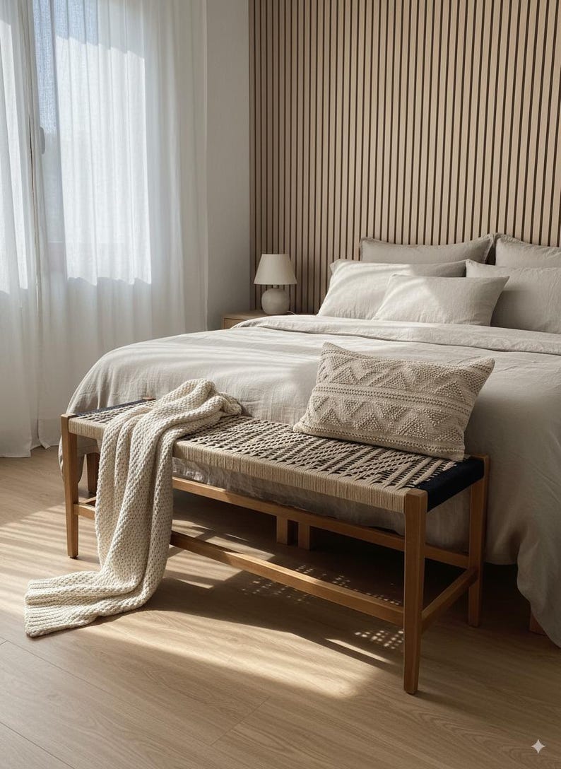 May include: A bedroom interior with a bed dressed in neutral-toned bedding, a woven bench, and a decorative pillow. A cream-coloured throw blanket is draped on the bench. The room features a wooden accent wall and sheer curtains.