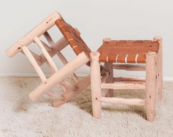 Handmade Moroccan Eucalyptus Wood & Leather Bar Stool
