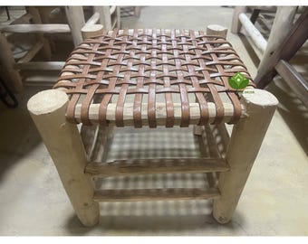 Tabouret marocain artisanal en bois : siège en fibre de sabra, fauteuil d'appoint bohème