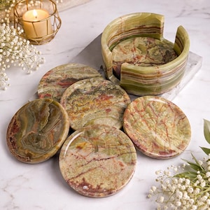 Hand-crafted Green Onyx Coasters Set of 6 | 4.5” Round Natural Stone Coasters | Table Decor | Housewarming Gift Idea | Marble Coasters |