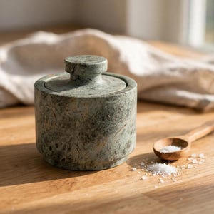 以下が含まれることがあります： 小さなつまみ付きの蓋が付いた、円筒形の緑色の石製ソルトセラー。石には濃い緑色と灰色の斑点があるまだら模様のテクスチャが施されています。白い塩の結晶が入った小さな木製のスプーンがその横に置かれています。