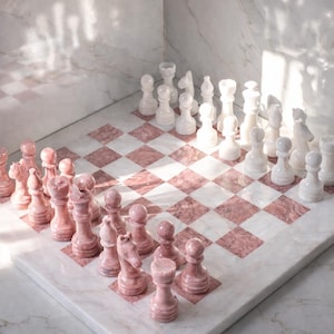 Chess set | Handmade Rose Pink & White Marble Chess Set | Luxury 15" Board | Black Velvet Storage box | Marble Chess Set UK | Pink Chess Set