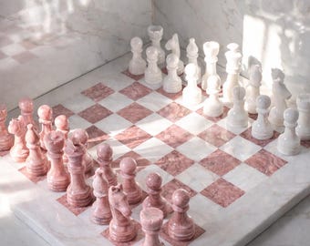Juego de ajedrez de mármol rosa y blanco hecho a mano - Tablero de lujo de 30 cm - Regalo para ella - Juego de ajedrez rosa - Regalo para el Día de la Madre - Tablero de ajedrez