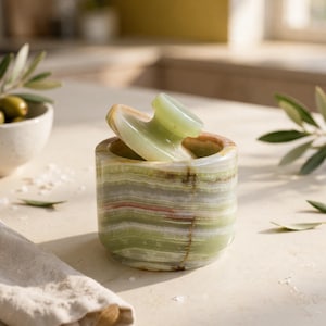 May include: A cylindrical green onyx stone container with a matching lid featuring a central handle. The stone displays natural horizontal banding in shades of light green, white, and subtle brown, with a smooth, polished finish throughout the exterior.