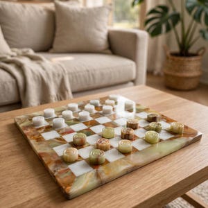 Set di dama in onice verde da 30 cm - Gioco da tavolo di dama in marmo fatto a mano - Set di dama in pietra di lusso con scatola portaoggetti - Regalo per lui