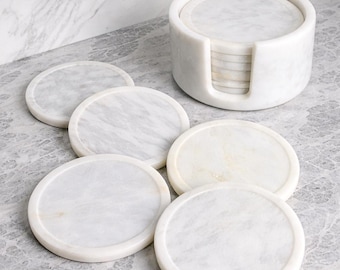 Set mit 6 weißen Marmor-Untersetzern – 11,4 cm runde Getränkeuntersetzer aus Naturstein – Handgefertigtes Marmor-Untersetzer-Set – Luxuriöse Tischdekoration