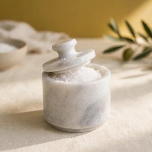 Puede incluir: Un salero cilíndrico de mármol blanco con una tapa a juego apoyada en ángulo sobre la parte superior. El recipiente está lleno de sal marina blanca gruesa, mostrando las vetas grises naturales y la textura pulida de la piedra.