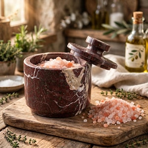 May include: A cylindrical dark red marble salt cellar with white veining, featuring a matching lid resting partially open. The container is filled with coarse pink Himalayan salt, and a small pile of the same salt sits on the wooden surface.